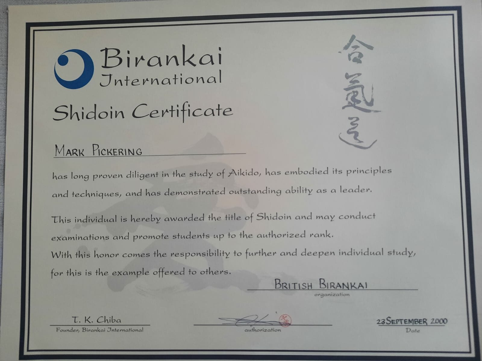 Sensei Pickering's Shidoin Certificate